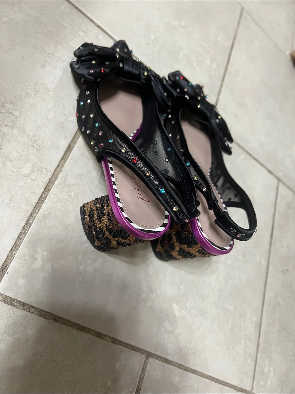 Betsey Johnson colorful embellished mesh bows with leopard block heels.